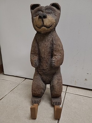 Hand Carved Hand Painted Wood Bear On Ski's  17'' Tall