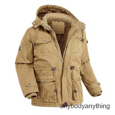 Men Multi Pocket Cargo Jackets Warm Fleece Lined Coat Casual Windbreaker Outwear