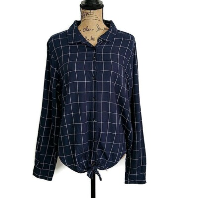Goodthreads Navy Windowpane Plaid Button Front Tie Hem Shirt Casual Office sz L