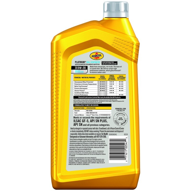 Pennzoil Platinum Full Synthetic SAE 0W-20 Motor Oil DexOs