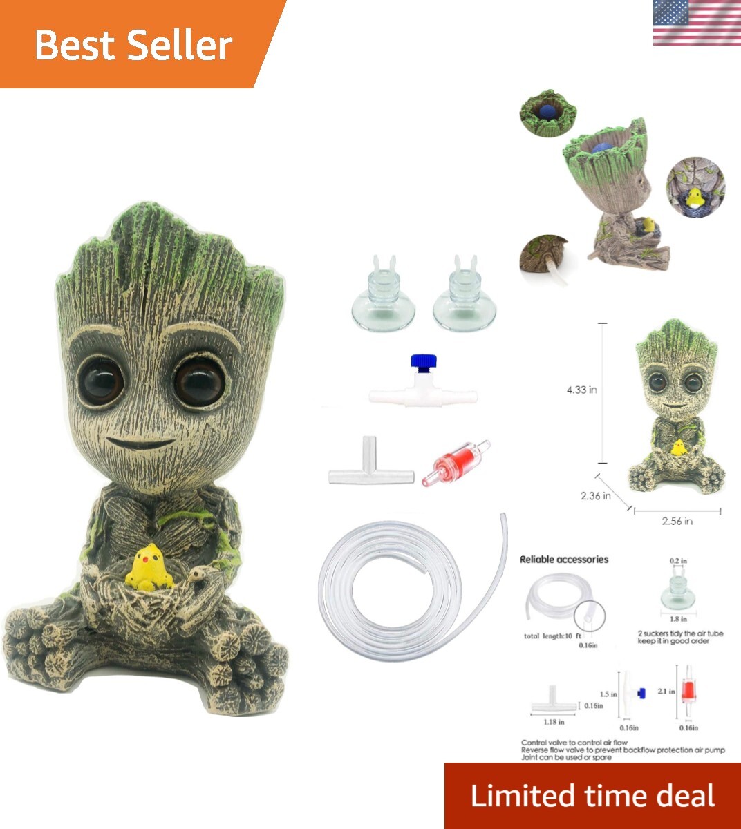 Realistic Groot Aquarium Decoration with Bubble Generator Fish