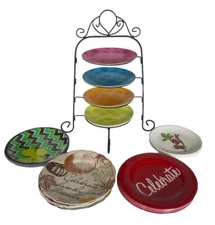 4 Tier Black Metal Serving Stand 5 Interchangeable Holiday Seasonal Plate Sets