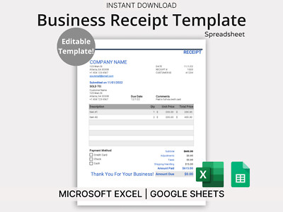 Business Receipt Template - Easy to Use Microsoft Excel & Google Sheets Template