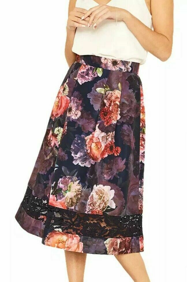 BNWT Oasis Romance Rose Purple Pink Navy Floral Midi Skirt 10 £60