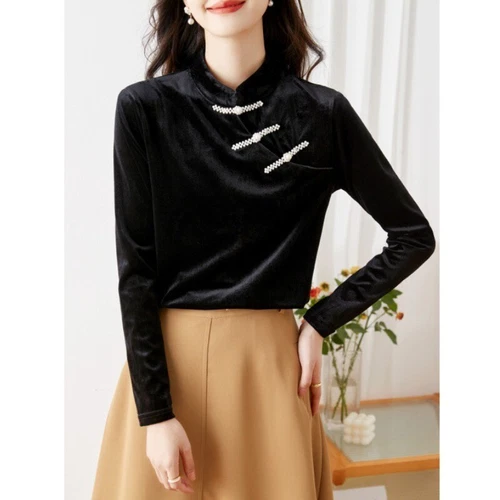 Women Long Sleeve Blouse Shirt Chinese Style Cheongsam Velvet Tops Retro Shirt - Imagen 9 de 21