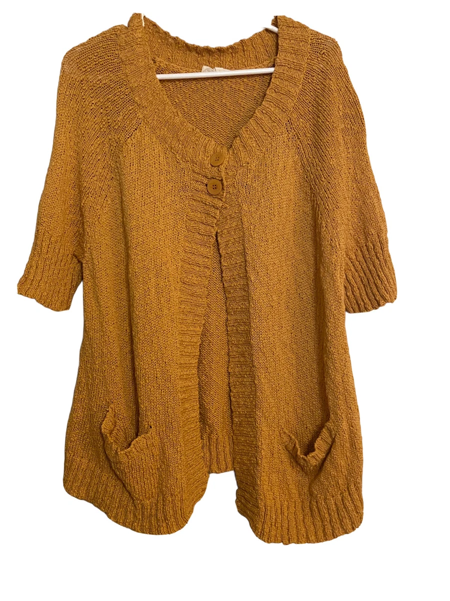 Eileen Fisher Yellow Mustard Short Sleeve 100 Cotton Cardigan Two
