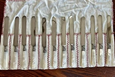 Antique Set Of 12 Meriden Cutlery Co Knives, MOP Handles, Sterling Ferrule