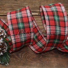 Christmas Red Green Black Ivory Plaid Wired Ribbon 2.5"W x 10 Yards
