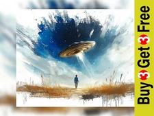 UFO Above Wheatfield 5" x 7" Print on Matte Paper | Captivating Fantasy Painting