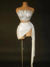 Women White Mirrors Celebrate Top Skirts Dress BirthdayParty Strapless 2PCS Set