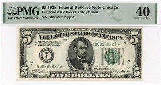 Fr. 1950 G $5 1928 CHICAGO Federal Reserve Star Replacement Note. PMG 40