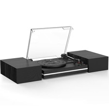 Vinyl Record Player with Dual Wood Black Vintage - With External Speakers
