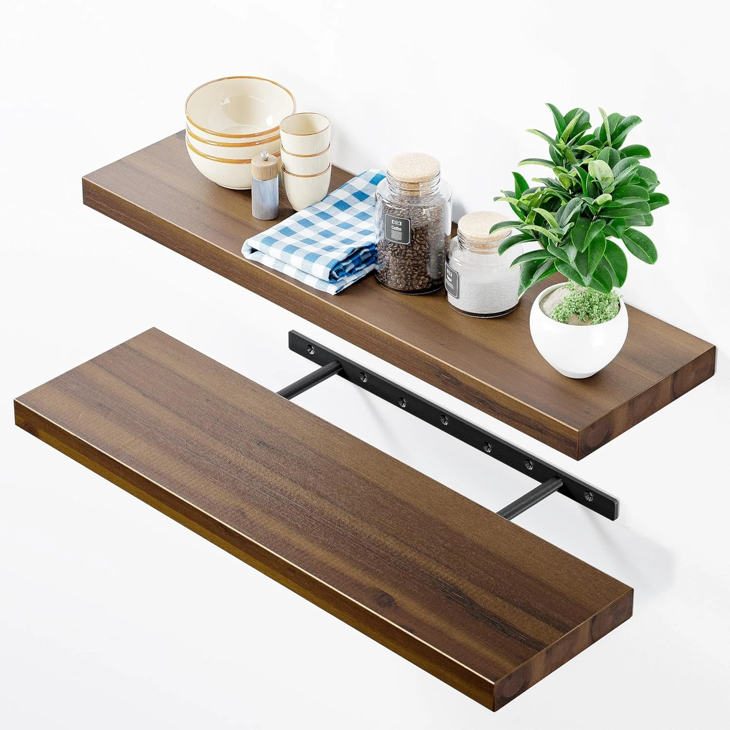Rustic Acacia Floating Shelves Set of 2 - 24" Walnut Wall Décor & Storage