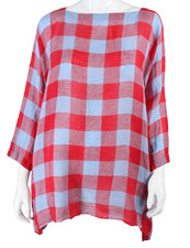 Blusa DANIELA GREGIS Roja y Azul Cuadros Lino Tejida Gran Tamaño Cuadrada O/S