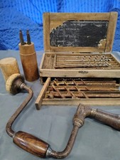 Antique Boxed Irwin Auger Drill Bits Pat late 19c Hand Drill & Maple bit tube A+