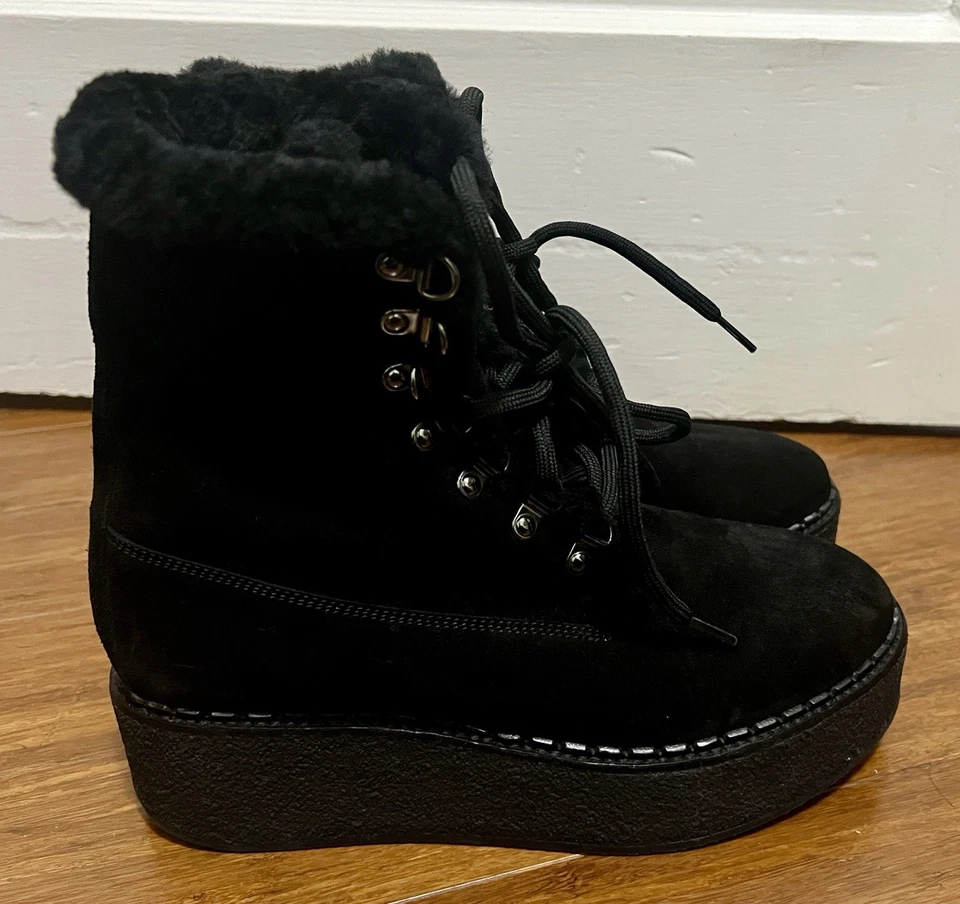 Moncler Cuero Gamuza Piel de oveja Botas de Combate Negras EU38 US7 Mujer Suela de Goma Foto 2 de 4