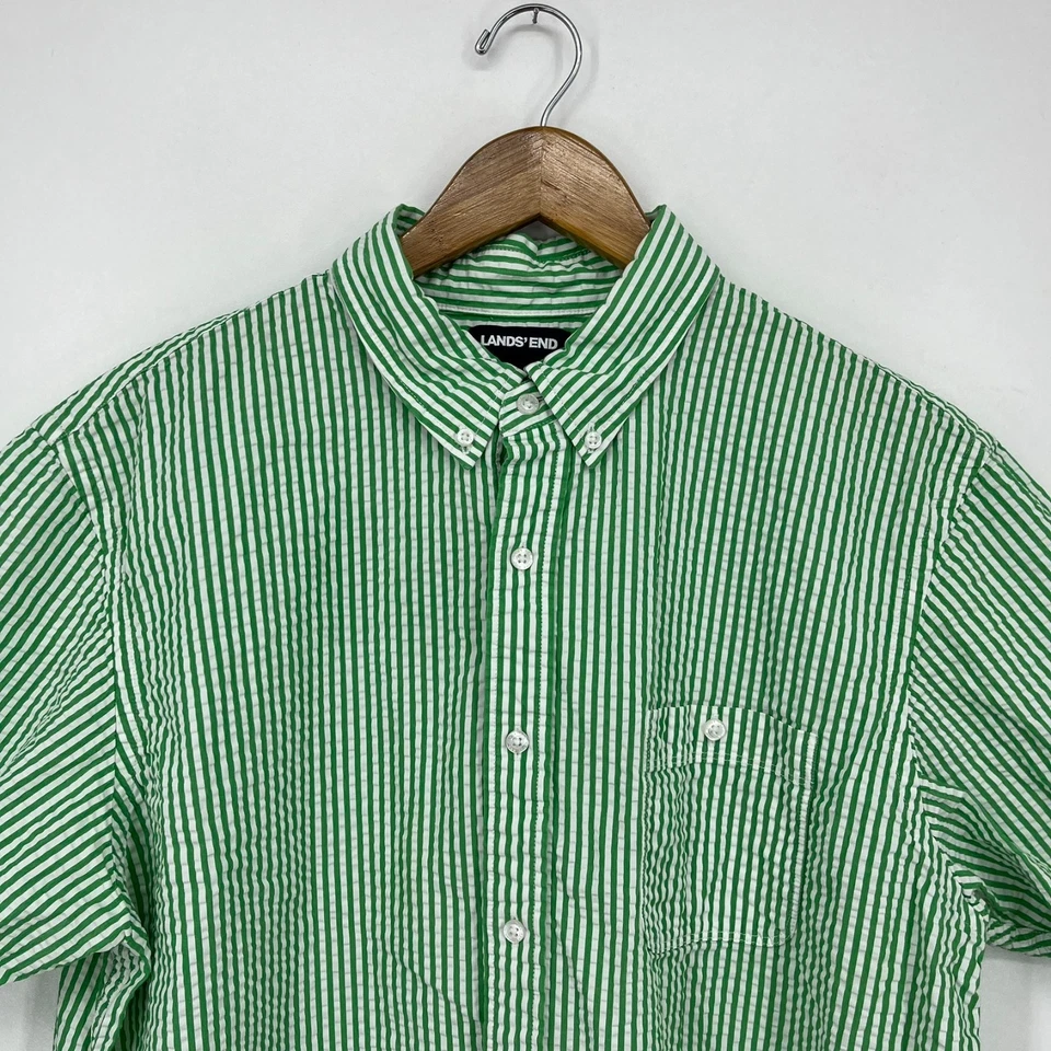 Lands' End Short Sleeve Button Shirt Men's Size L Green Striped Seersucker - Image 2 of 4