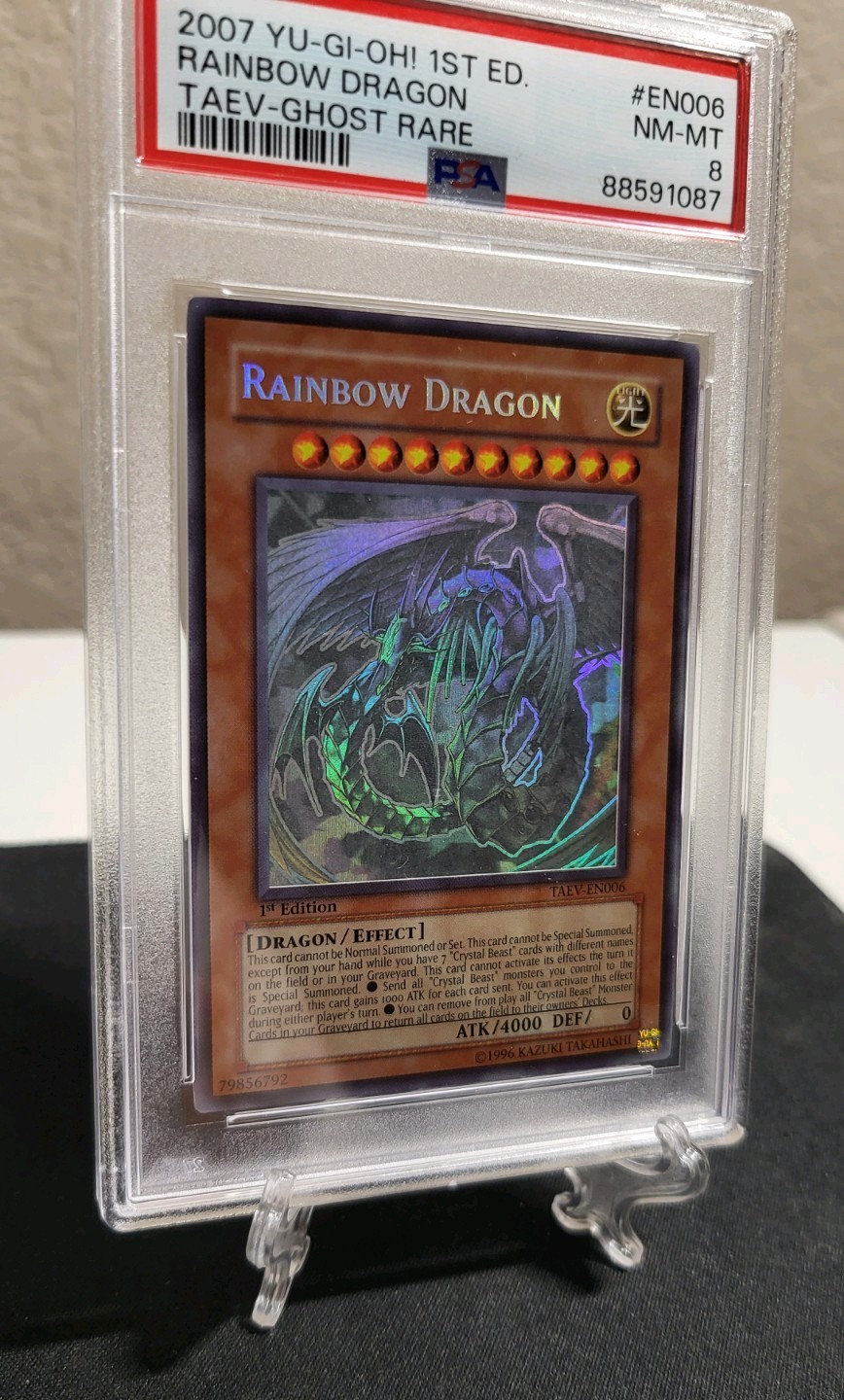 Yugioh 2007 Rainbow Dragon TAEV-EN006 1st Edition Ghost Rare PSA 8 (Clean Foil) view 3