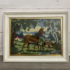 Vintage Needlepoint  Deer Doe Fawn In Nature Framed Picture 17" x 13" 1960's