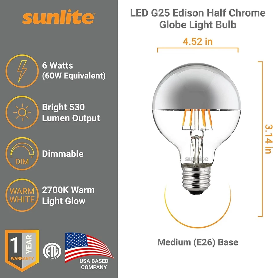 Elegant G25 Edison Half Chrome Bulb - Dimmable LED Light, 530 Lumens, E26 Base - Image 4 of 4