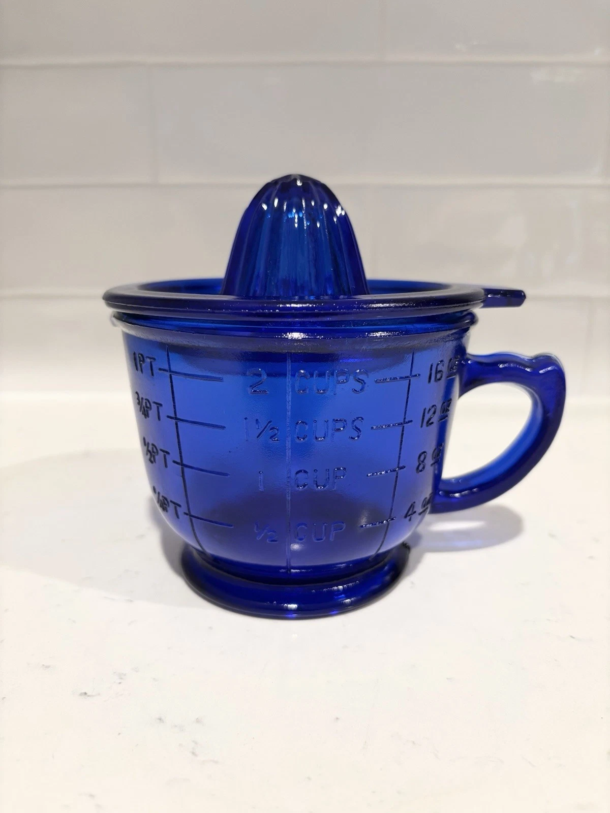 Vintage Cobalt Blue Glass Measuring And Mixing Cup & Juicer Reamer 2 Cups