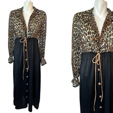 Vtg 70s Vanity Fair Leopard Black Nightgown House Dress Womens Nylon Medium