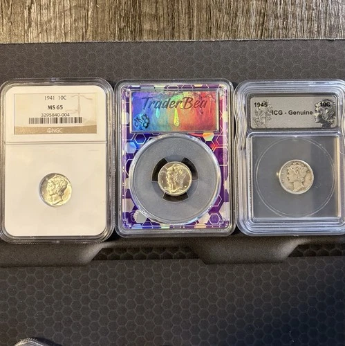 Lot of 3 Graded Mercury Dimes 90% Silver Coins 10c 1941 MS65 1944 D MS66 1945