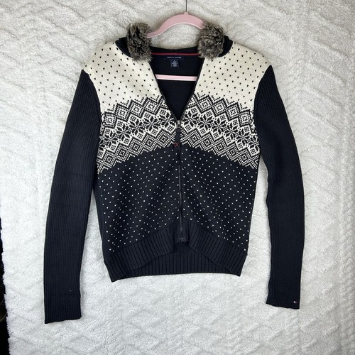 Tommy Hilfiger Cardigan Fair Isle Full Zip Faux Fur Hooded Women’s Size Medium
