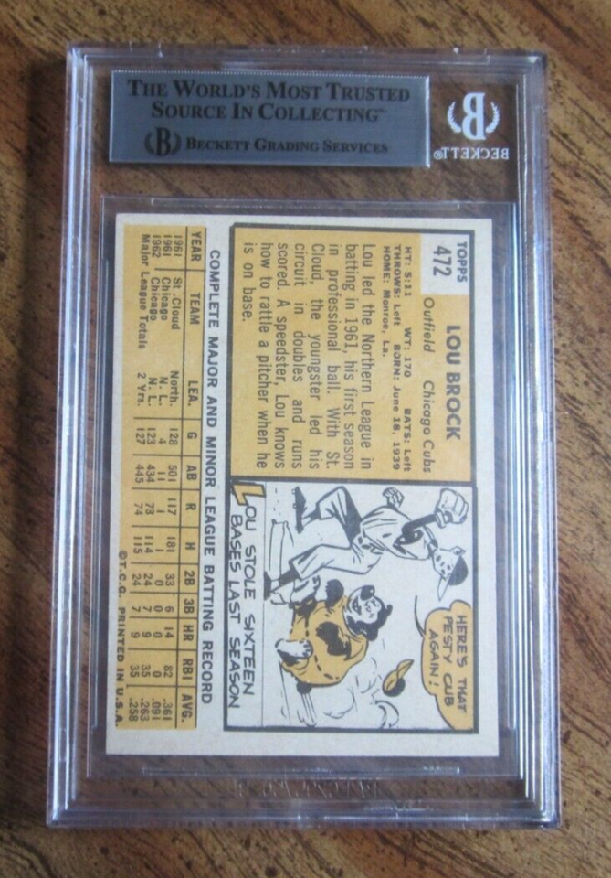 Lou Brock 1963 Topps 472 Card Graded Beckett BVG 5.5 Excellent+ MLB