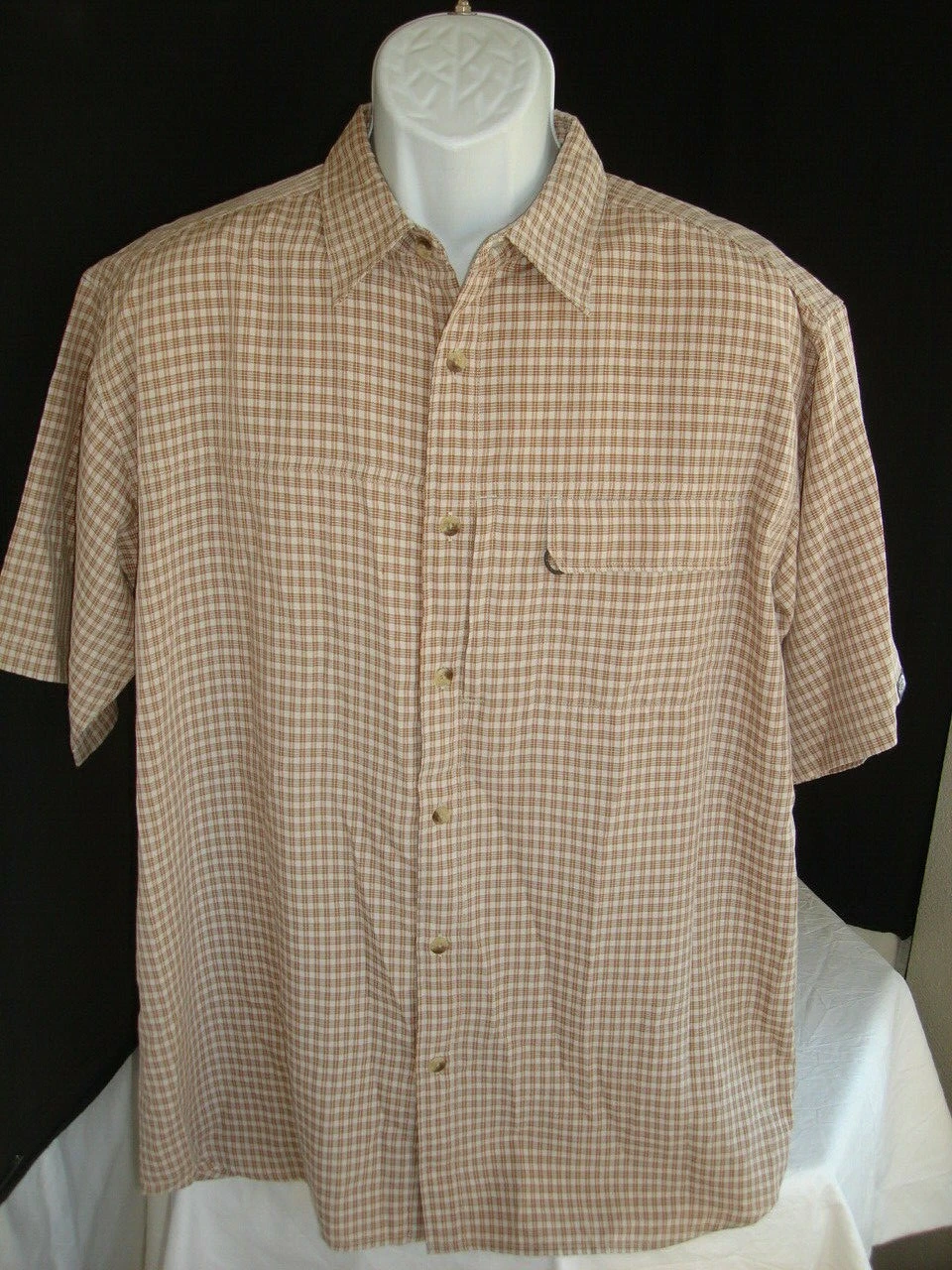 The North Face Brown/White Plaid Modal/Poly S/S Hiking Camp Outdoor Shirt Sz. L