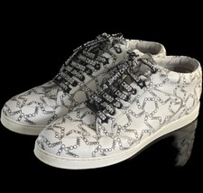 Jimmy Choo MIAMI STAR PRINT LEATHER WHITE BLACK PRINT SNEAKERS SHOES 39.5