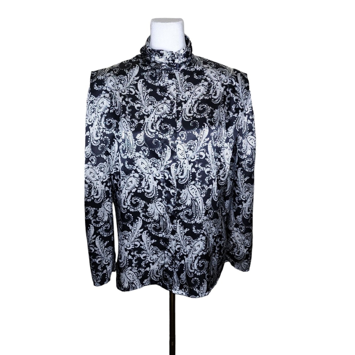 Vintage 80s High Neck Satin Long Sleeve Blouse Womens Size 10 