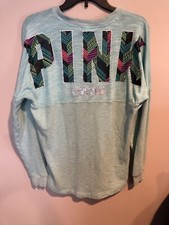 Victoria Secret Pink Spell Out Back Women s Aqua Pullover Sweatshirt Size XS Euc