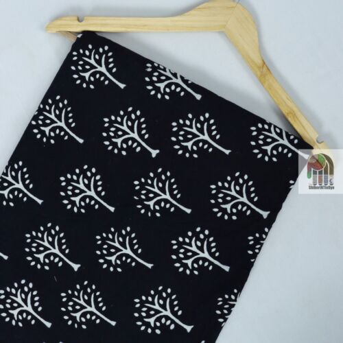 Indian Hand Block Black Floral Cotton Fabric Natural Print Sanganeri 1 Yard