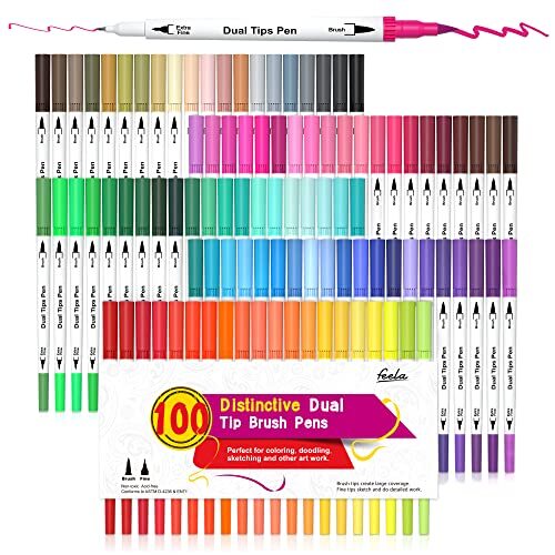 100 Colors Dual Tip Brush Pens with Fineliners Art Markers Watercolor Dual Br...