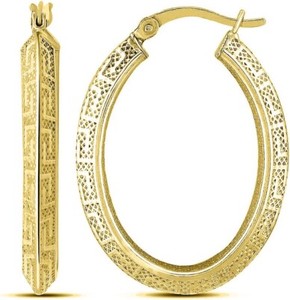 Authentic 18K Gold Plated .925 Sterling Silver Greek Key Pattern 35MM Oval Hoop Earrings