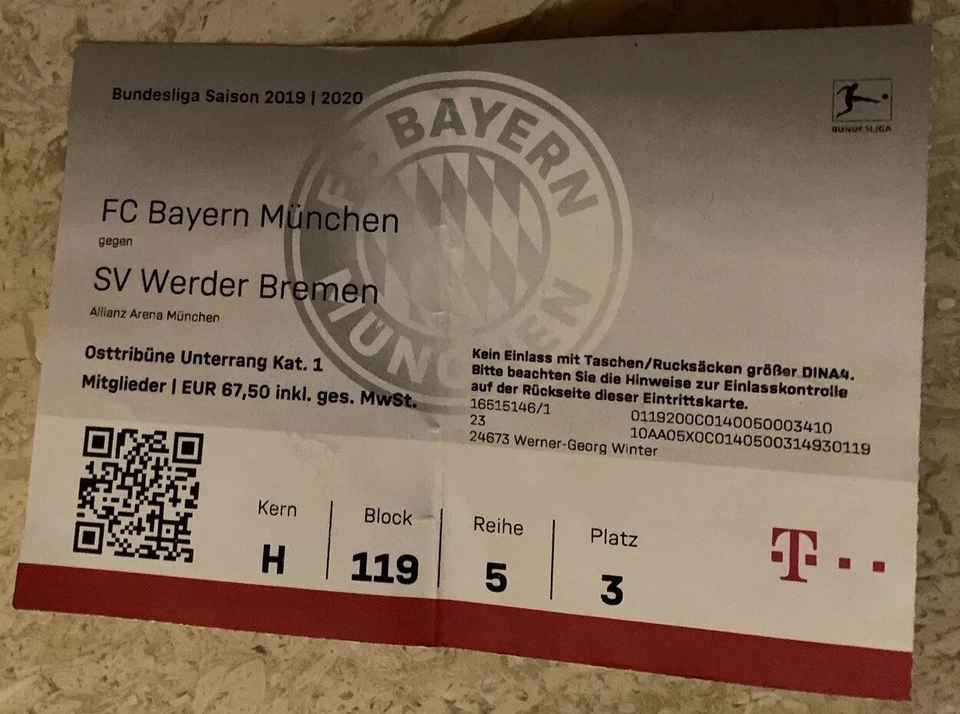 Used Sammler Ticket FC Bayern München vs SV Werder Bremen 1. BL 14.12.19 FCB SVW - Bild 1 von 1