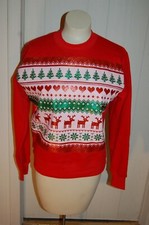 Womens "Ugly" Christmas Sweatshirt TREES HEARTS REINDEER SNOWFLAKES Red M 8-10