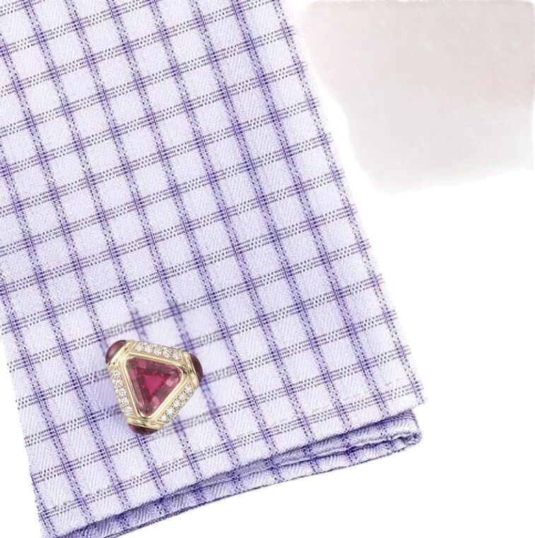Pink Trillion Cut Tourmaline and Round CZ Cufflinks for Mens Vintage 925 Silver - Image 2 of 4