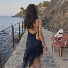 ZARA STRAPPY ZW COLL ASYMMETRIC SATIN LACE CAMISOLE DRESS NAVY 5919/200 XS