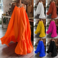 Hot Women's Spaghetti Strap Ruffled Casual Beach Party Loose Summer Long Dress