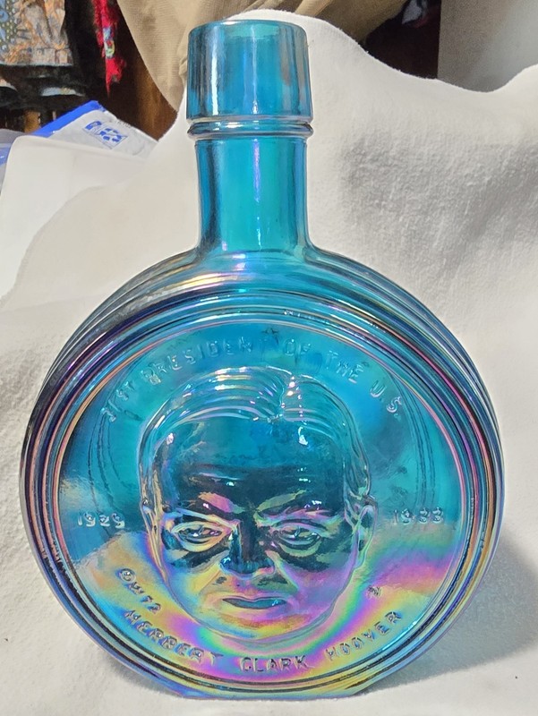 Vintage Wheaton Glass Herbert Clark Hoover Blue Iridescent Decanter Bottle 8"