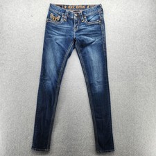 Rock Revival Jeans Womens 26 Blue Cali Skinny Contrast Stitch Fleur-de-Lis Denim