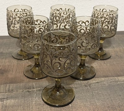 Vintage 70s Libbey Prado Moriage Scroll Set of 6 Wine Goblets Brown Tawny Smoked