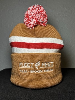 Fleet Feet Beanie Hat Cap Brown With Red & White Pom