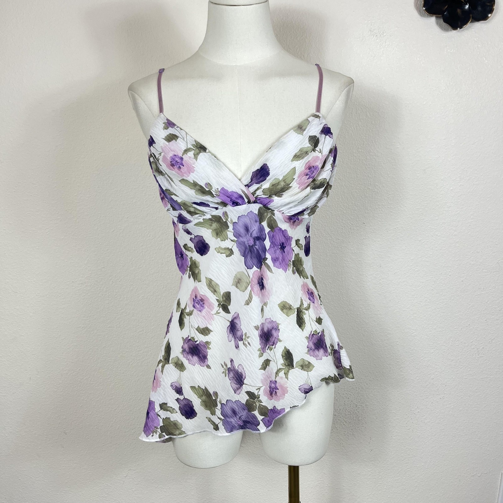 Vintage Y2K Top Womens XS White Purple Floral Cami Fairy Whimsy Asymmetric