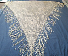Vintage Creamy Ivory Lace Shawl Scarf with Fringe, Mod, Boho Made In Japan