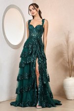 Clearance Emerald Size XL Tiered A-Line Sequin Applique Formal Prom Gown 3174