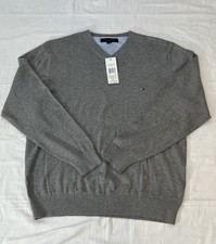 Tommy Hilfiger Sweater Mens Large Gray V Neck Pullover Lightweight Classic New