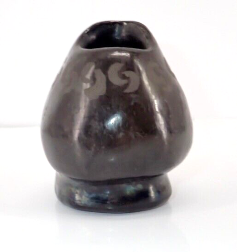 Santa Clara Carved Black Pottery Signed Ginger Mesko 01 Seed Bowl Rustic Vintage - Picture 4 of 11